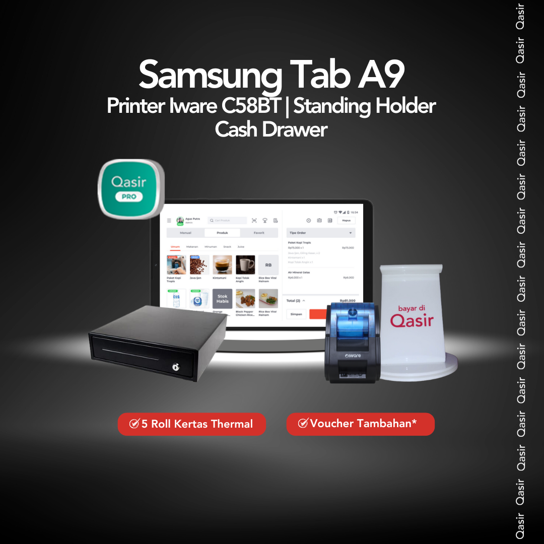 Perangkat Kasir Samsung Tab A9 + Printer Iware C58BT + CashDrawer + Stand holder + Qasir Pro